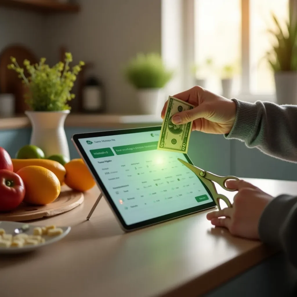 Hand cutting a bill with scissors near fresh produce and budgeting app, showing daily expense reduction
