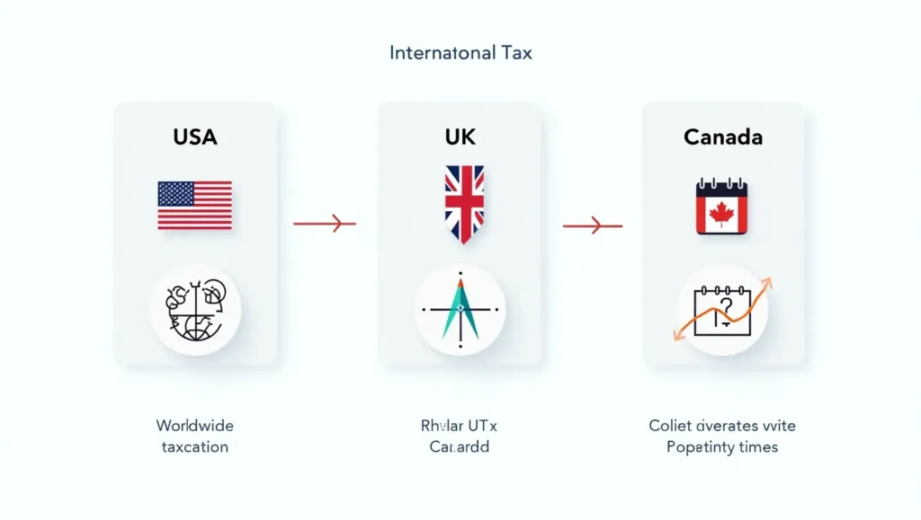 Infographic illustrating tax residency and implications for digital nomads in USA, UK, and Canada