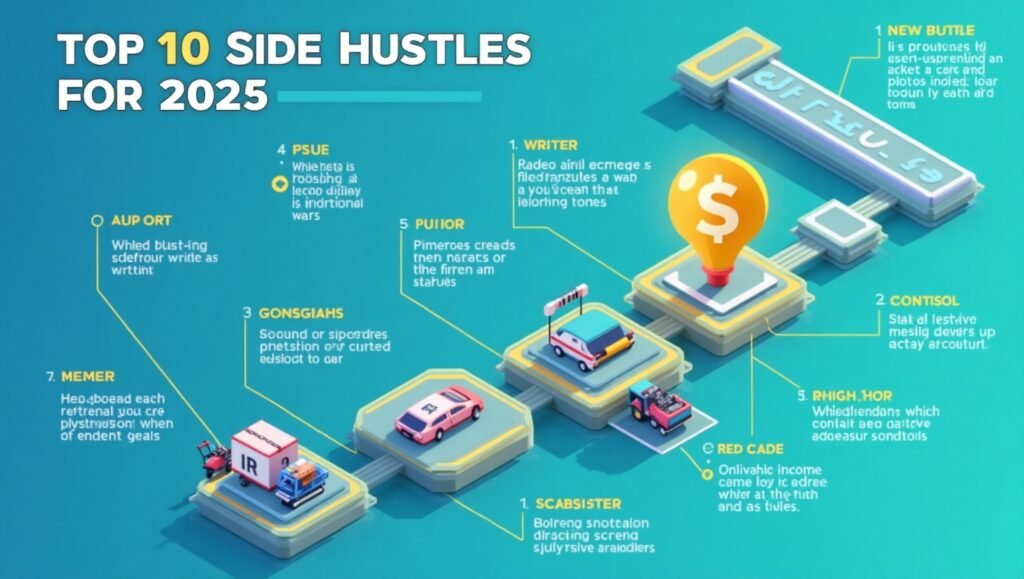Infographic showing top 10 side hustles for 2025 for extra income