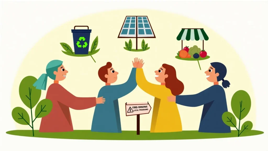 Community members collaborating with symbols of sustainable resources and local programs