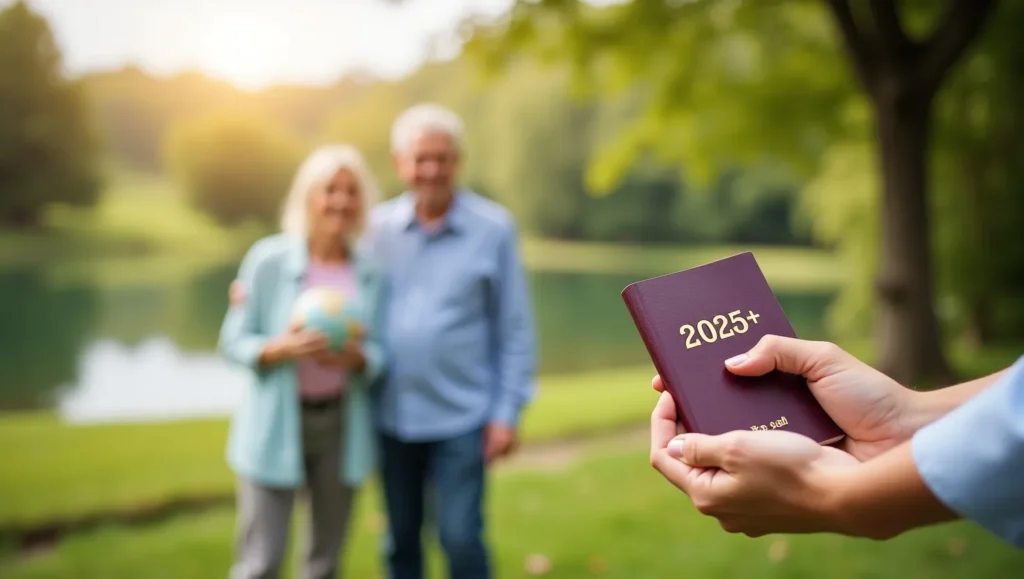 Couple planning retirement lifestyle for 2025, enjoying freedom and peace