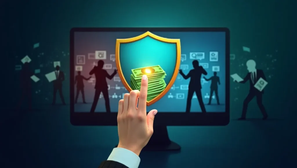 Digital shield protecting personal finances from online scams and misinformation on social media
