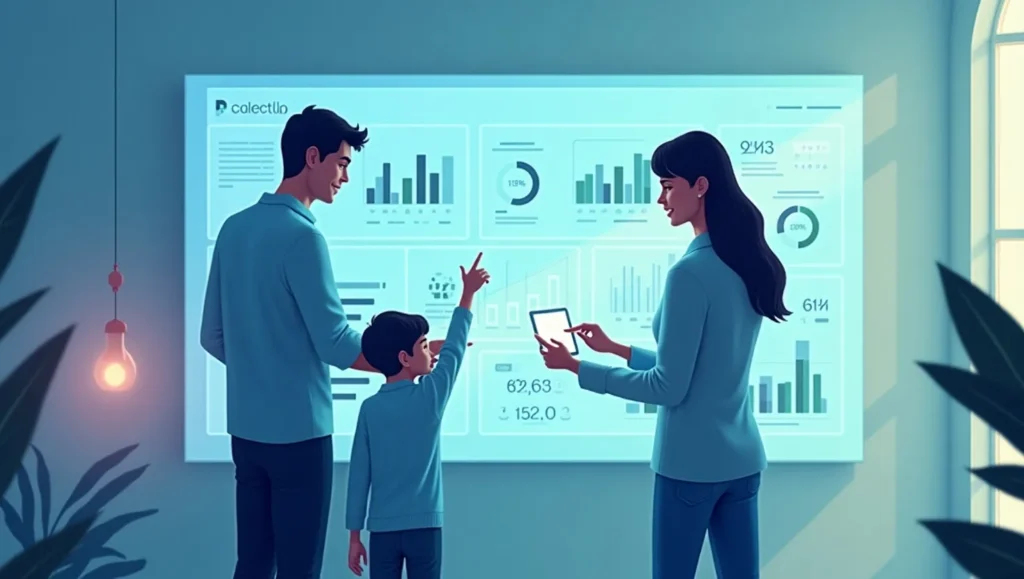Family using a digital budget dashboard on a large screen, representing modern budgeting tools