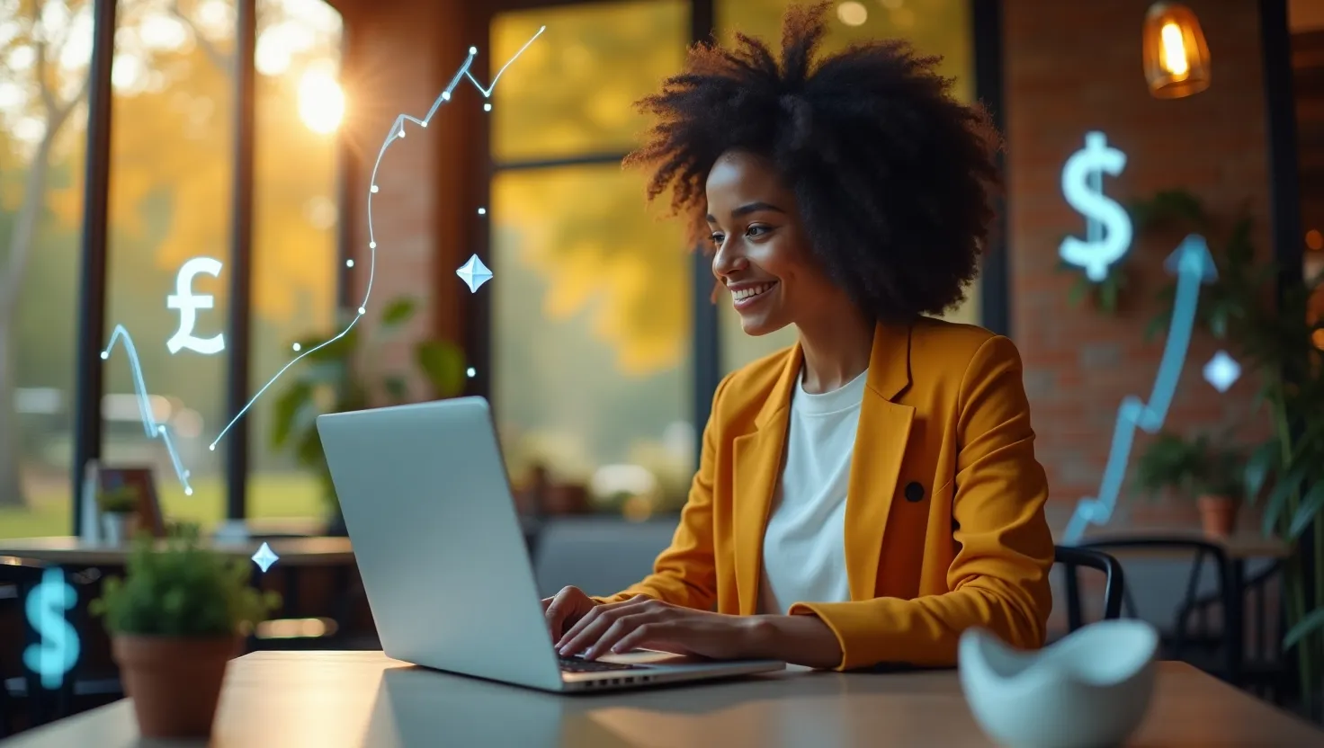 Freelancer confidently working in a flexible setting, symbolizing financial success in the gig economy