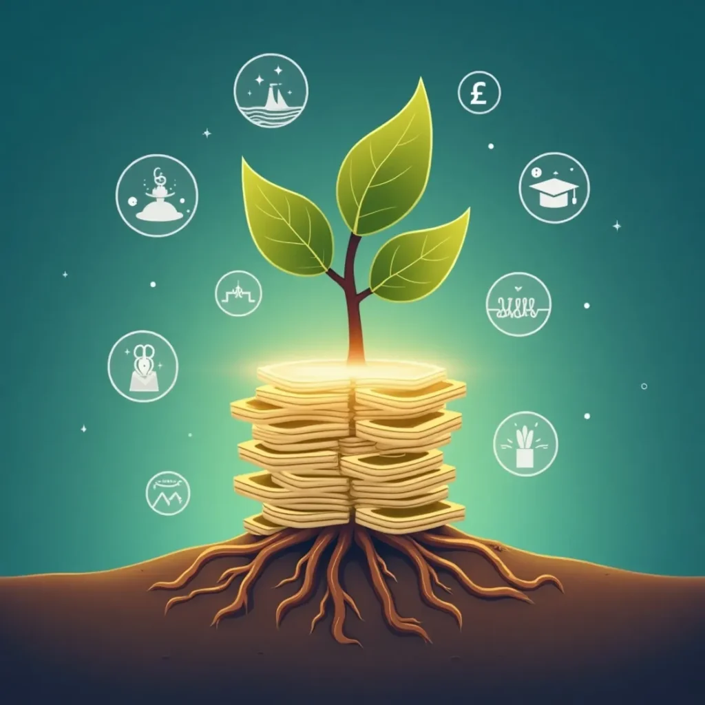 Growing plant rooted in money, symbolizing wealth building and security for freelancers