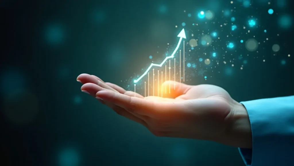 Human hand collaborating with AI for optimized financial growth and future planning