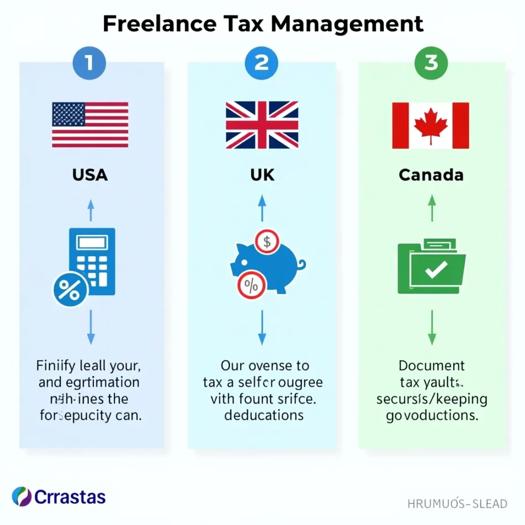 Infographic illustrating tax management strategies for freelancers in USA, UK, and Canada