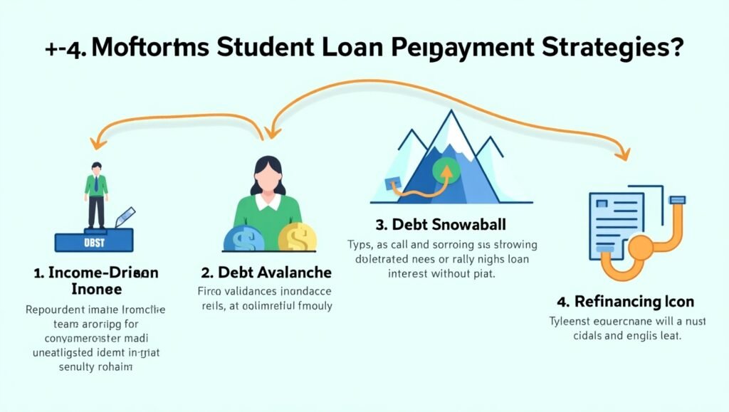 Infographic showing 4 student loan repayment strategies: income-driven, avalanche, snowball, refinancing