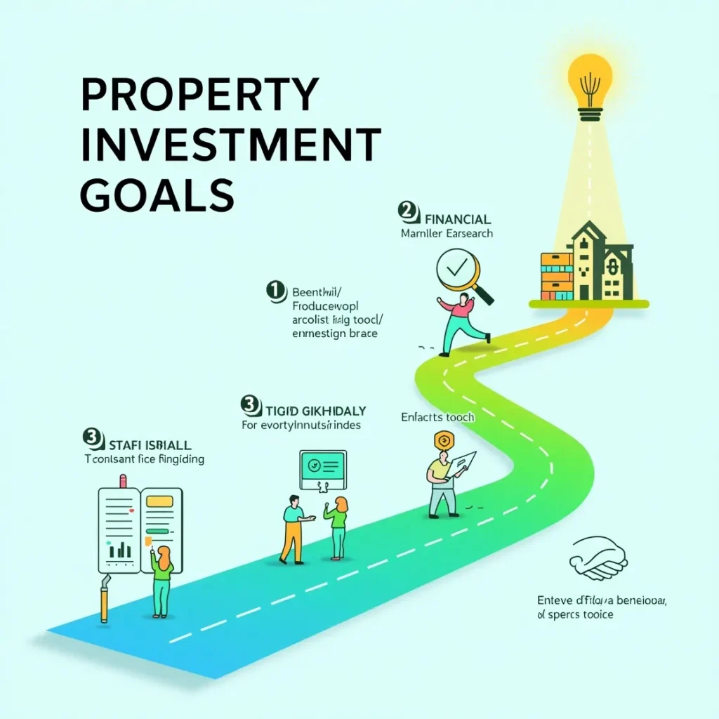 A visually engaging infographic depicting a clear, upward-curving pathway leading towards a brightly lit "PROPERTY INVESTMENT GOAL." Along the path, 5 distinct, sequential steps are represented by modern, clean icons: 1. "Financial Foundation" (icon: stacked coins/stable base), 2. "Local Market Research" (icon: magnifying glass over a map/house), 3. "Finance Ready" (icon: a glowing checkmark on a loan document/credit score graph), 4. "Start Small" (icon: a small, growing plant next to a larger house icon), 5. "Expert Advice" (icon: two people collaborating/a handshake). The overall design is optimistic, with connecting lines between steps, guiding the viewer. Use bright, confident blues, greens, and subtle yellow/gold accents.