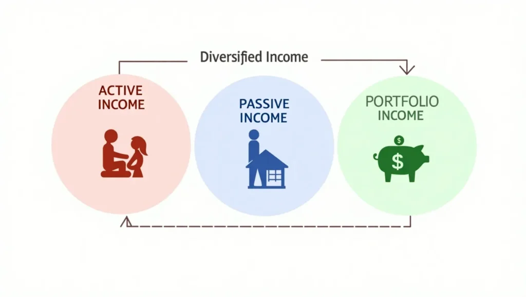 Infographic showing active, passive, and portfolio income streams for diversification