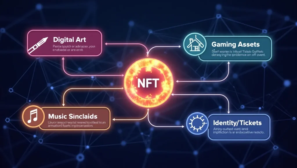 Infographic showing diverse NFT applications: digital art, gaming, music, virtual land, and identity