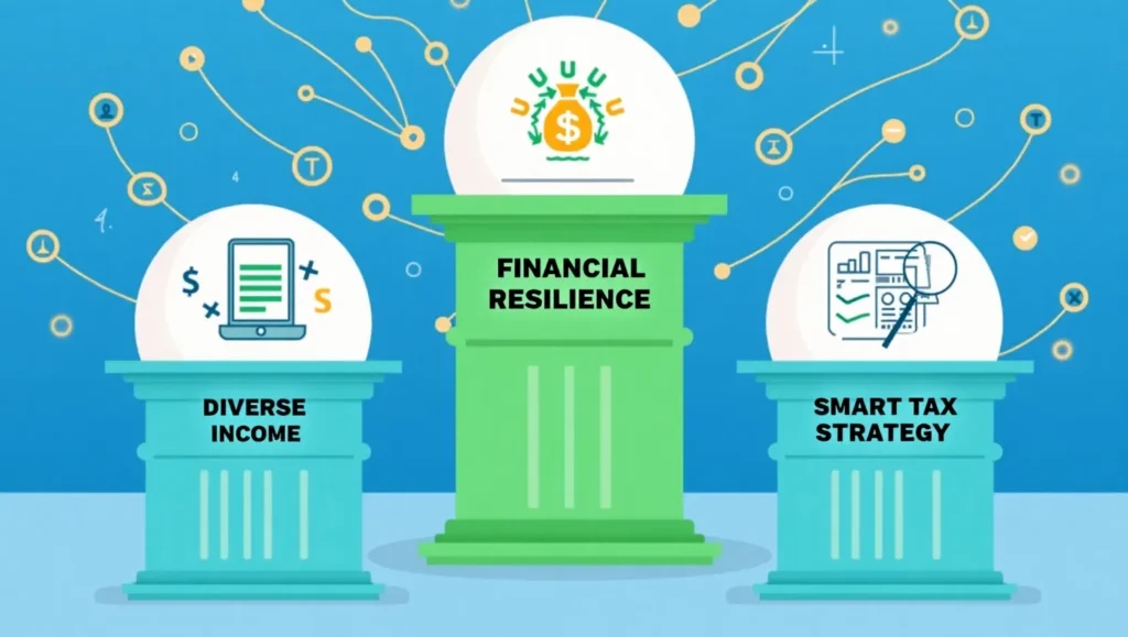 Infographic showing financial planning pillars for remote and hybrid work: diverse income, optimized budget, smart tax strategy