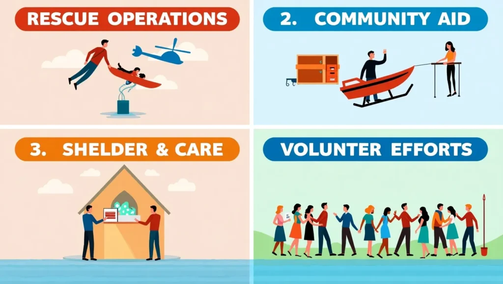 Infographic showing flood rescue, community aid, shelter, and volunteer efforts in Texas