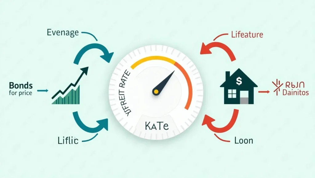 Infographic showing how shifting interest rates impact bonds, stocks, and real estate investments in 2025