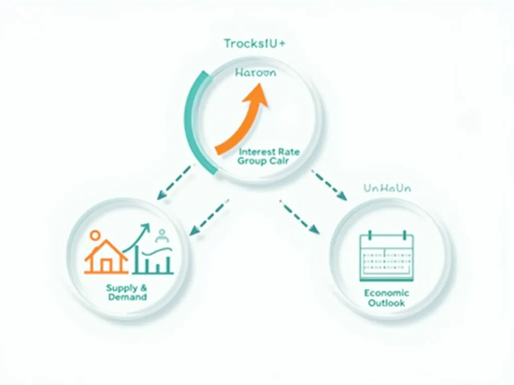 Infographic showing key real estate market factors for 2025: interest rates, supply-demand, economic outlook