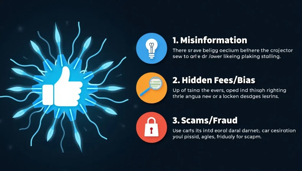 Infographic showing risks of finfluencer financial advice: misinformation, hidden bias, and scams