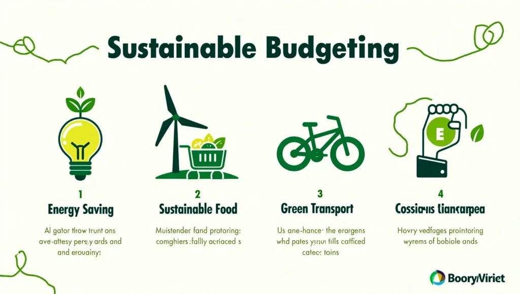 Infographic showing smart eco-friendly budgeting tips for energy, food, transport, and consumption