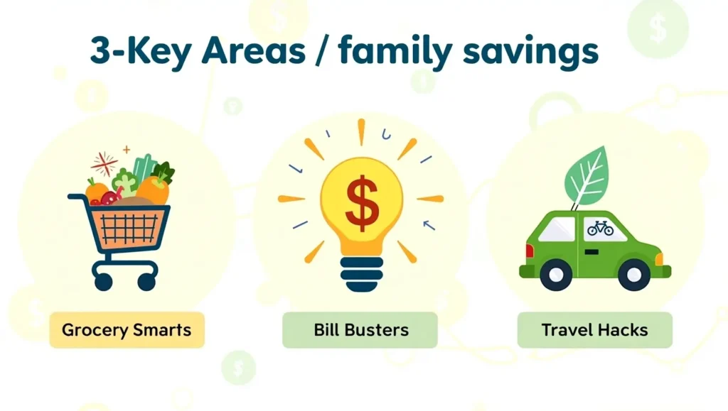 Infographic showing smart family saving strategies for groceries, bills, and transport