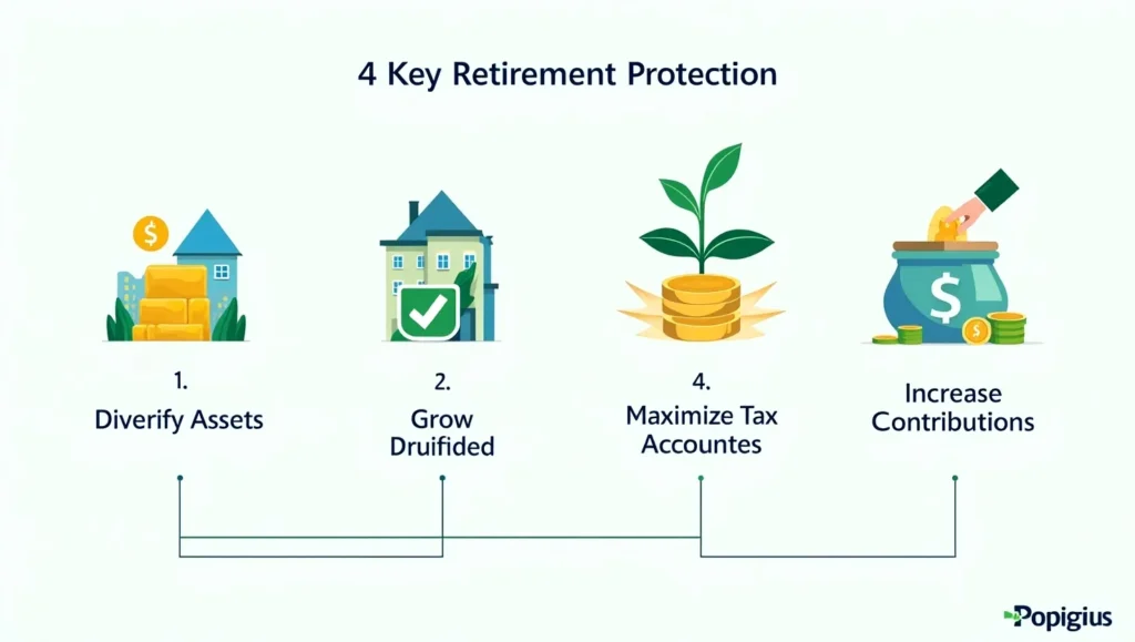 Infographic showing strategies to protect retirement from inflation, including diversification and tax accounts