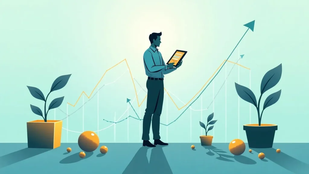 Investor confidently navigating volatile market with strategies like diversification and long-term planning
