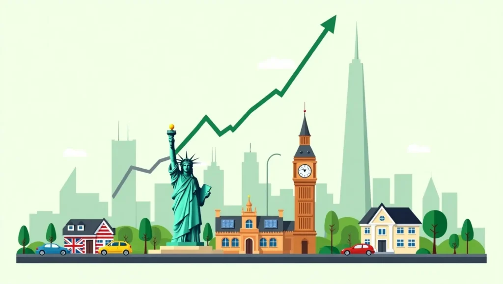 National landmarks of USA, UK, Canada symbolizing a greener future from climate commitments