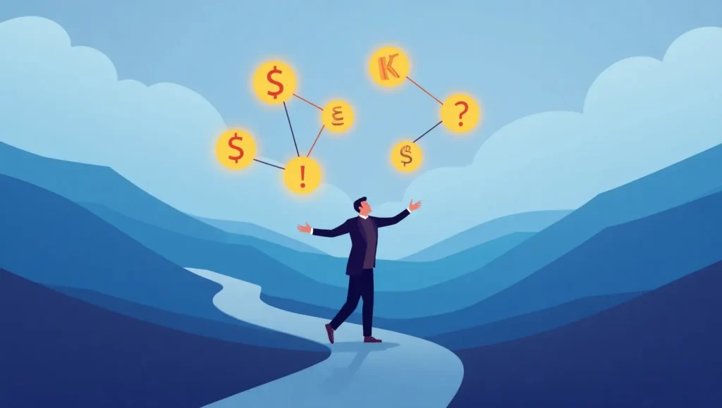 Person juggling multiple glowing income streams, symbolizing challenges of income diversification
