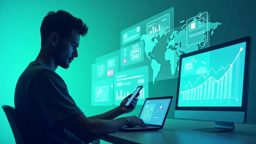 Person using multiple digital screens for financial management, symbolizing tech agility in remote work